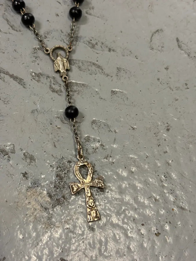 1990s Dolce & Gabbana Black Beaded Ankh Cross Rosary Necklace guEaSWg 2