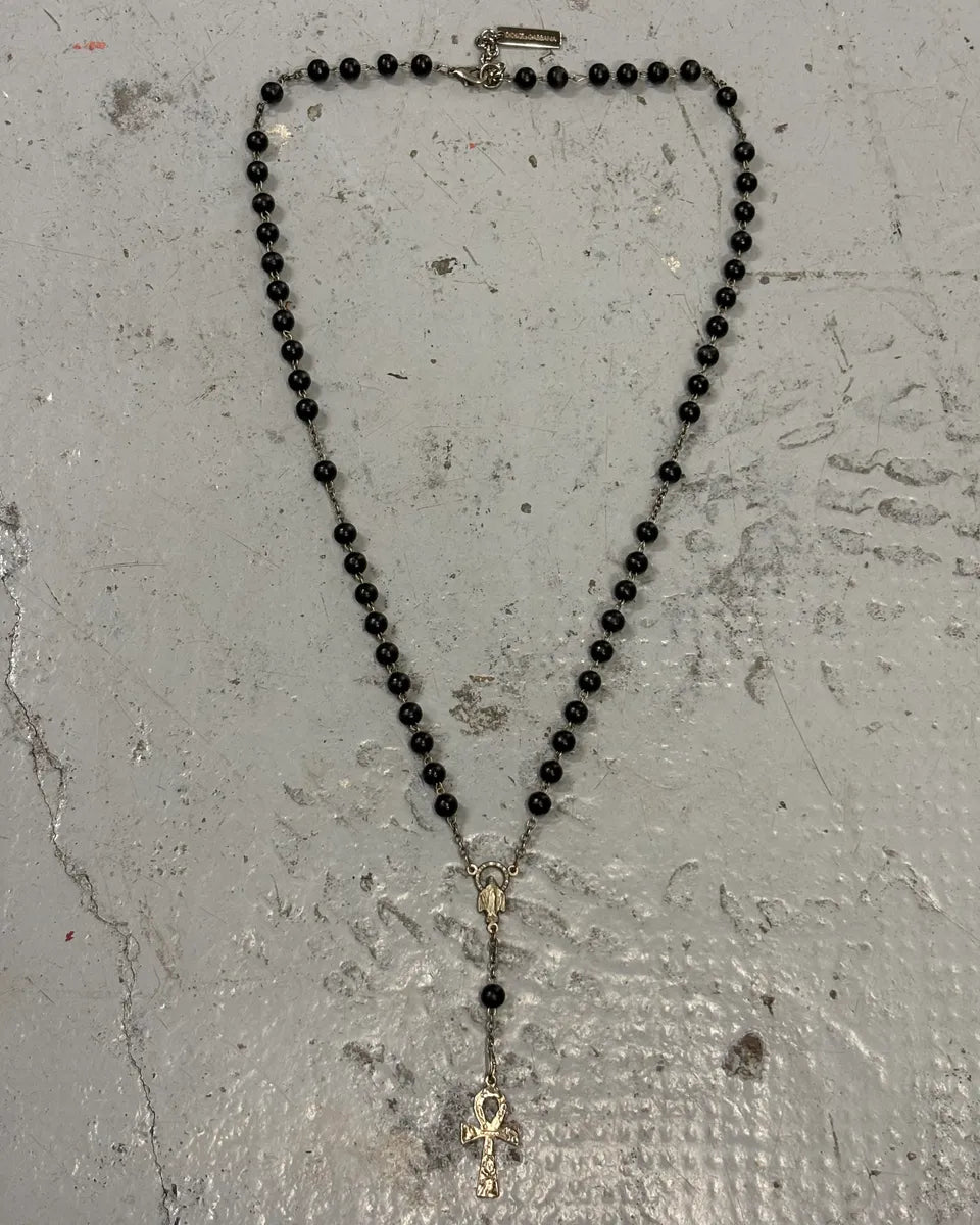 1990s Dolce & Gabbana Black Beaded Ankh Cross Rosary Necklace guEaSWg 0