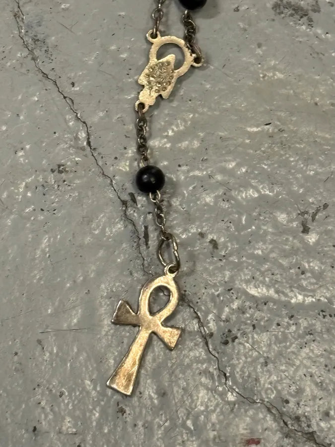 1990s Dolce & Gabbana Black Beaded Ankh Cross Rosary Necklace guEaSWg 6