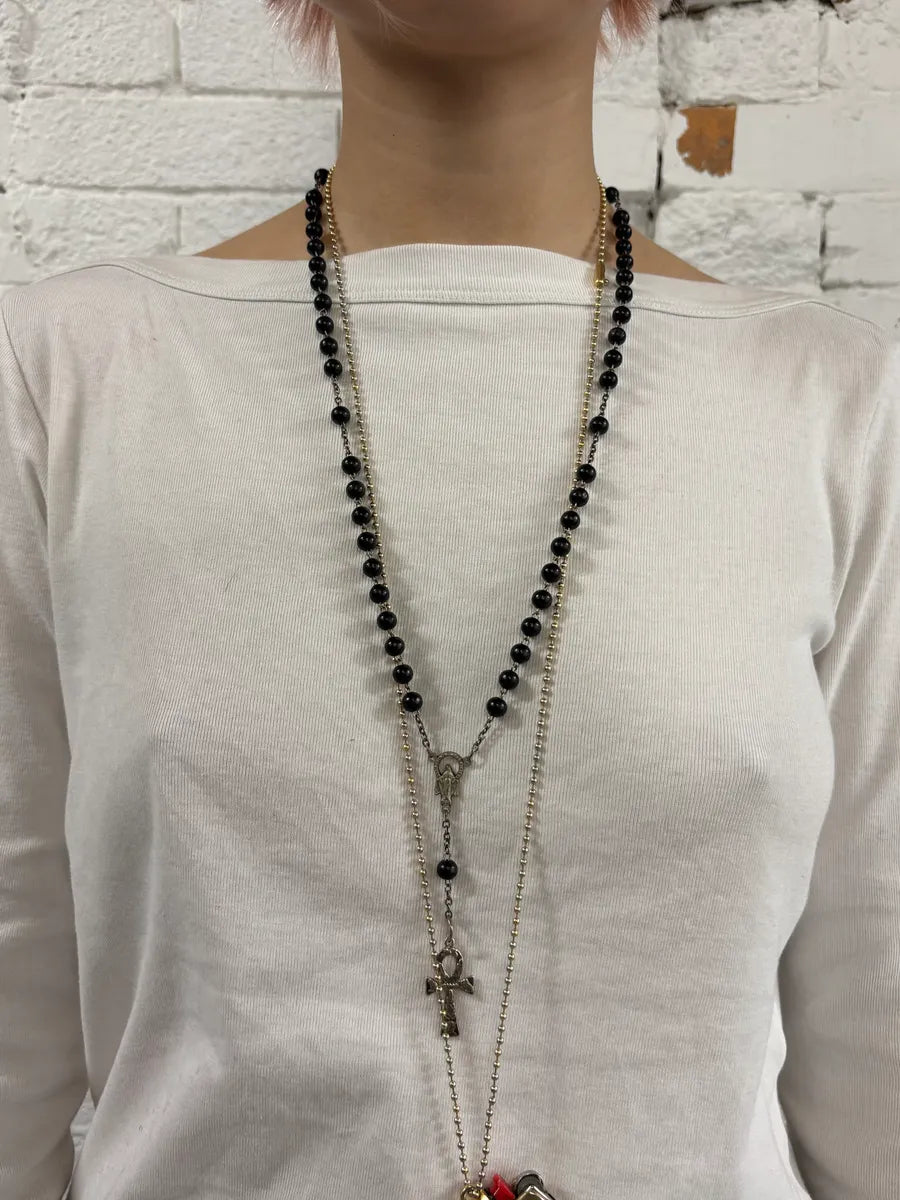 1990s Dolce & Gabbana Black Beaded Ankh Cross Rosary Necklace guEaSWg 1
