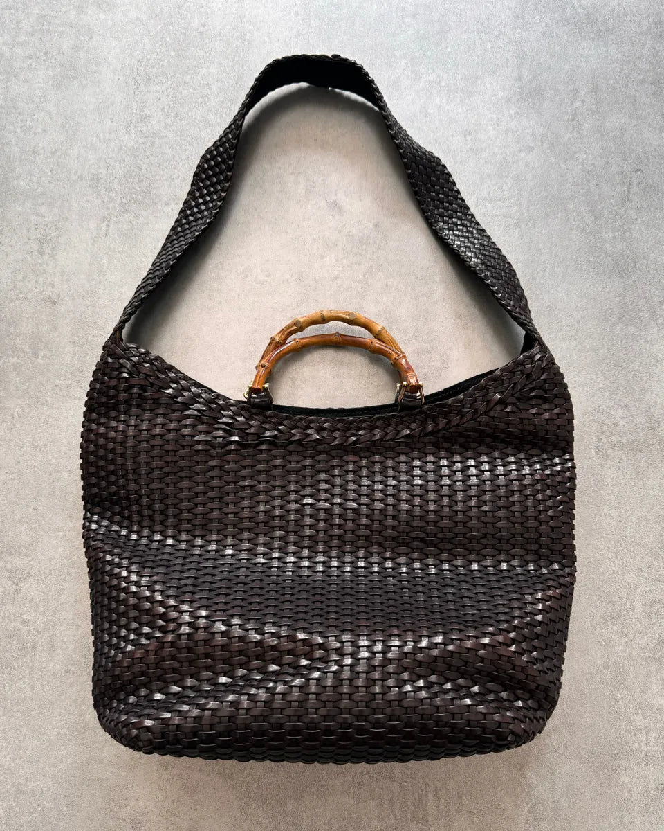 1996 Gucci Tom Ford Brown Woven Leather Bamboo Shoulder Bag – Dolce ...