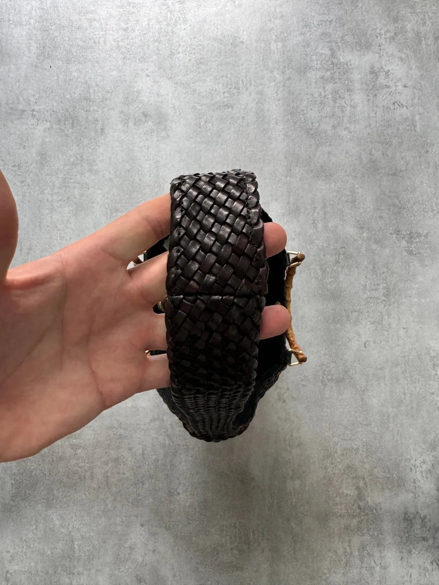 1996 Gucci Tom Ford Brown Woven Leather Bamboo Shoulder Bag XGFTDXn 5