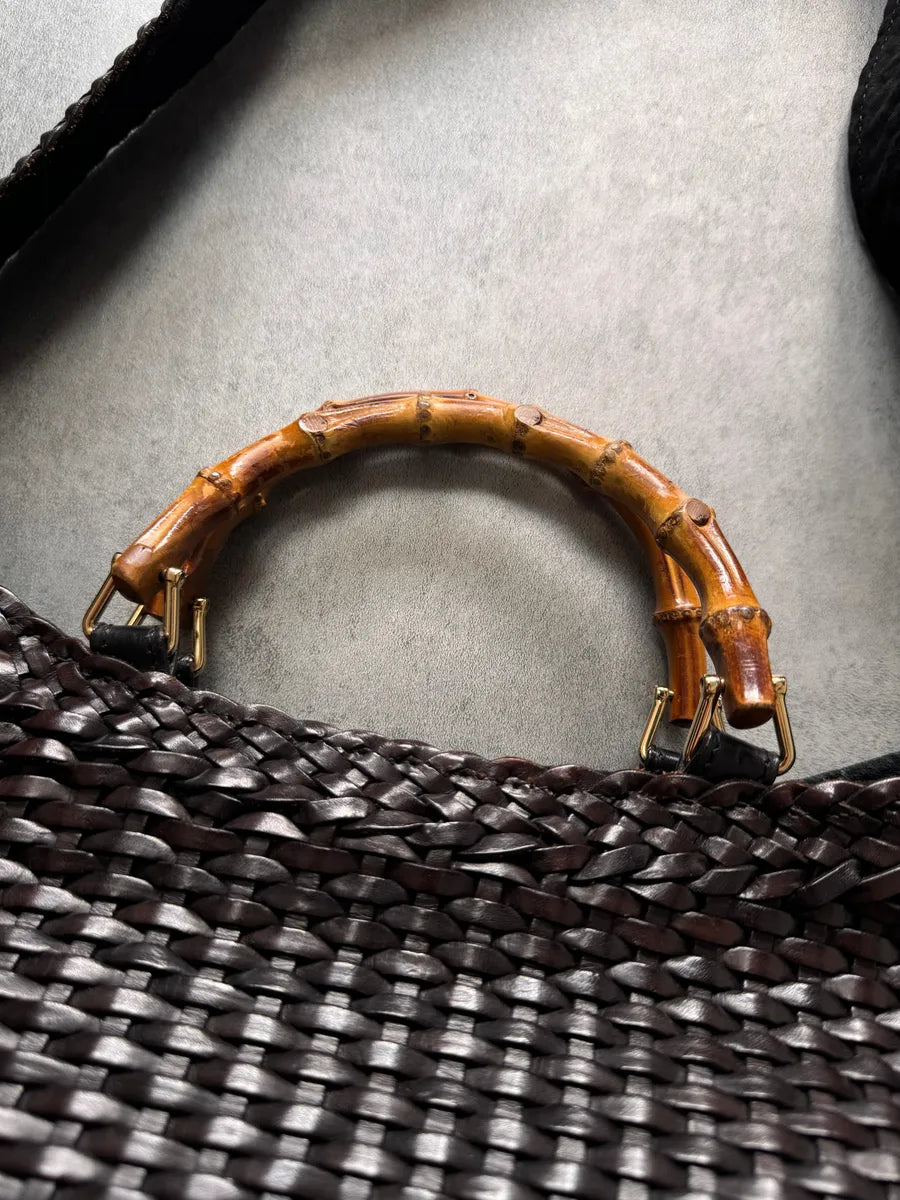 1996 Gucci Tom Ford Brown Woven Leather Bamboo Shoulder Bag XGFTDXn 7