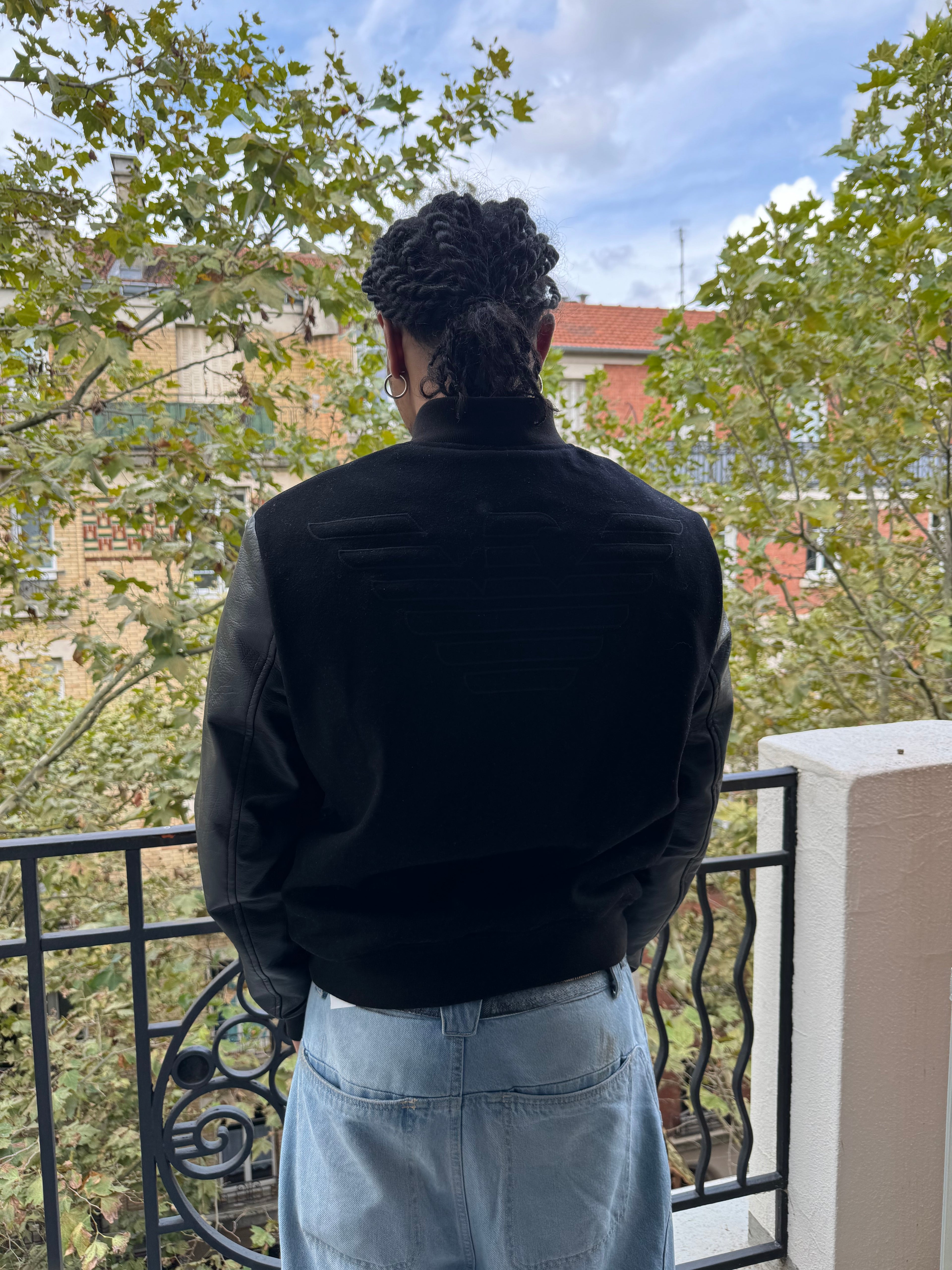 AW2018 Emporio Armani Black Leather Sleeves Bomber Jacket