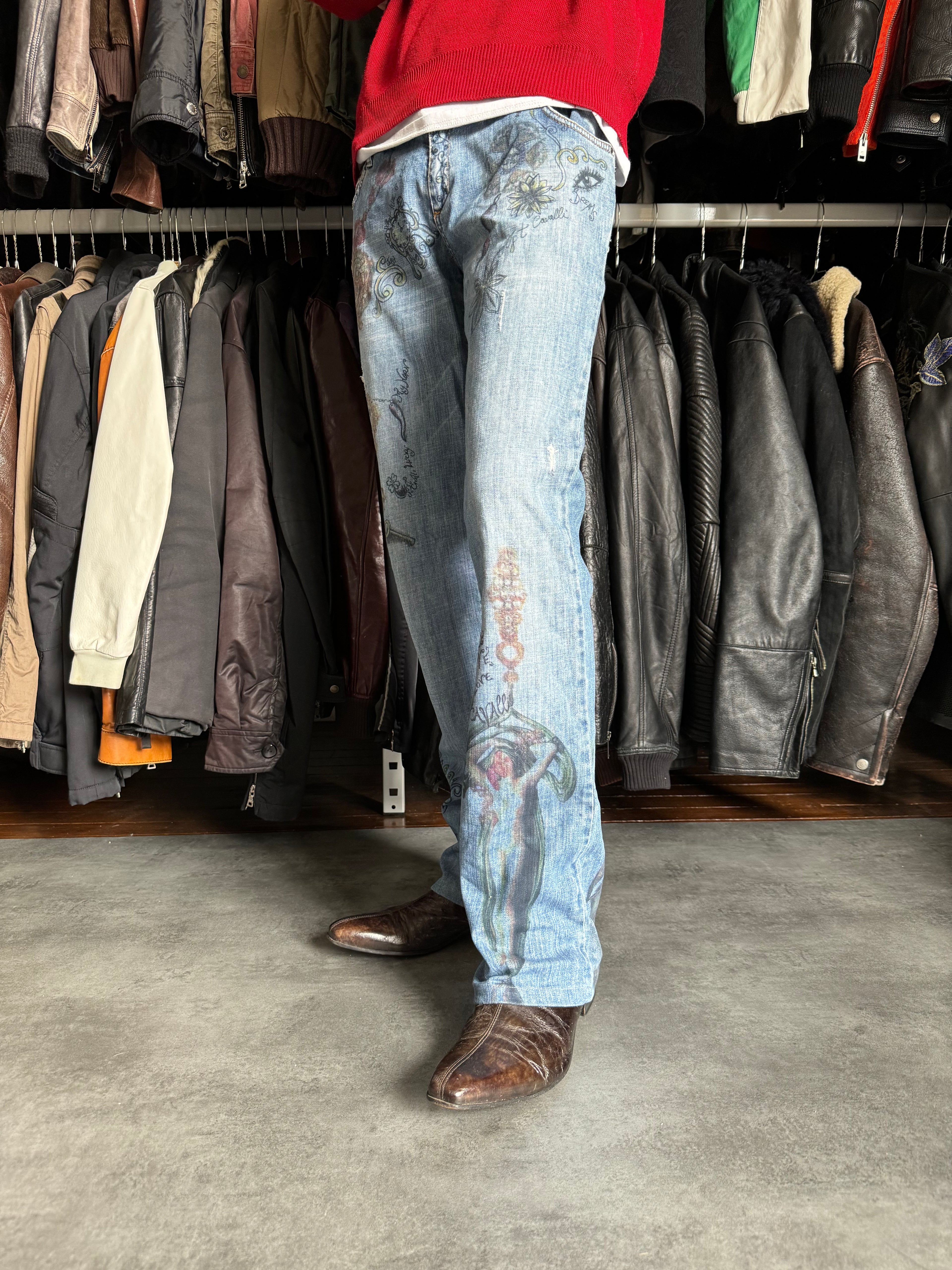 SS2007 Cavalli Painted Demoniac War Denim Pants (M) - 3