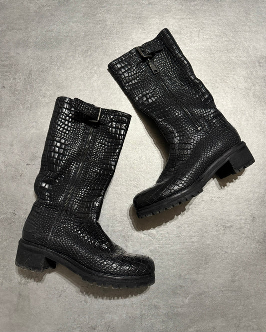 AW2004 Prada Black Crocodile Effect Leather Boots (39) - 1