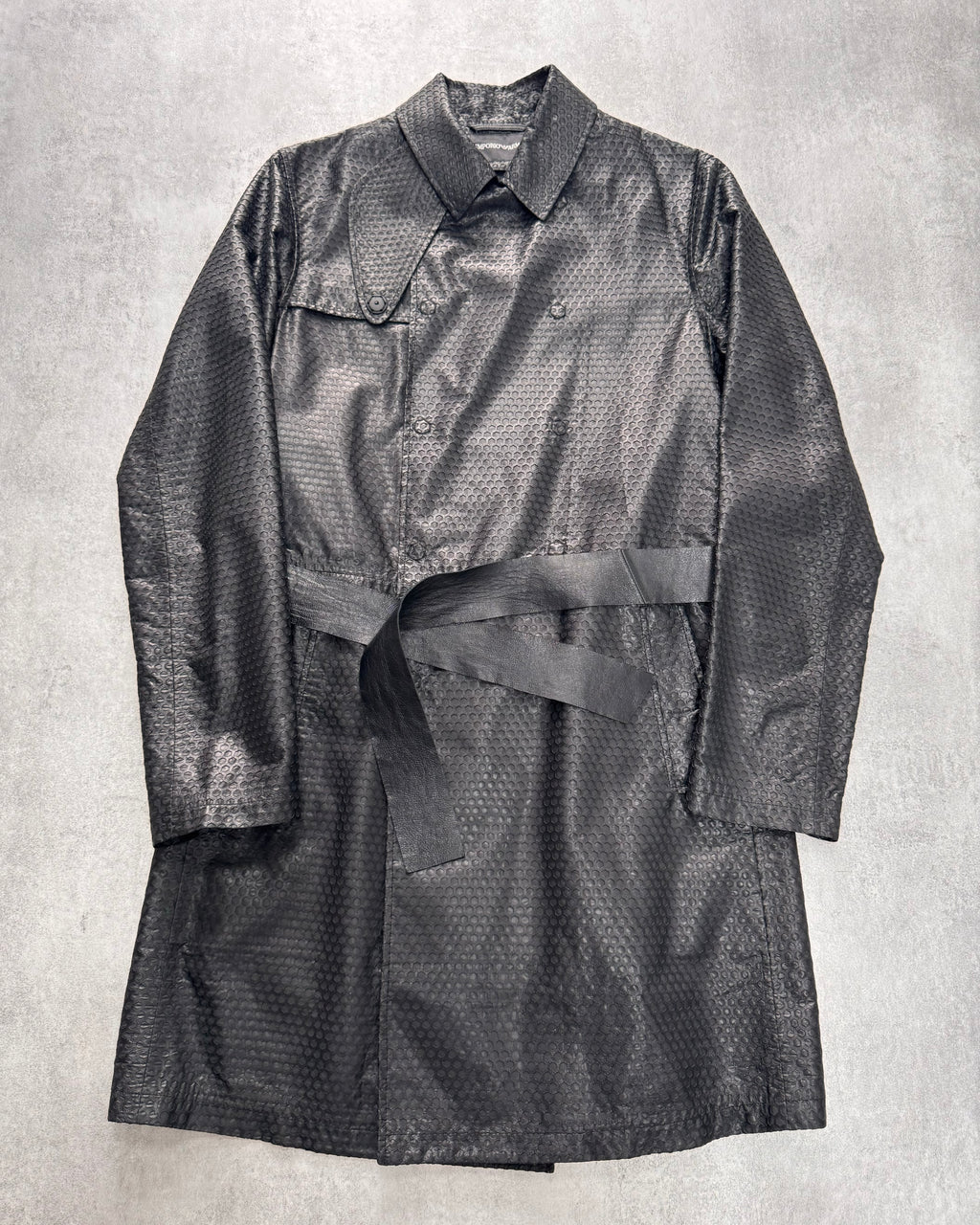 FW2013 Emporio Armani Honeycomb Black Leather Trench Coat