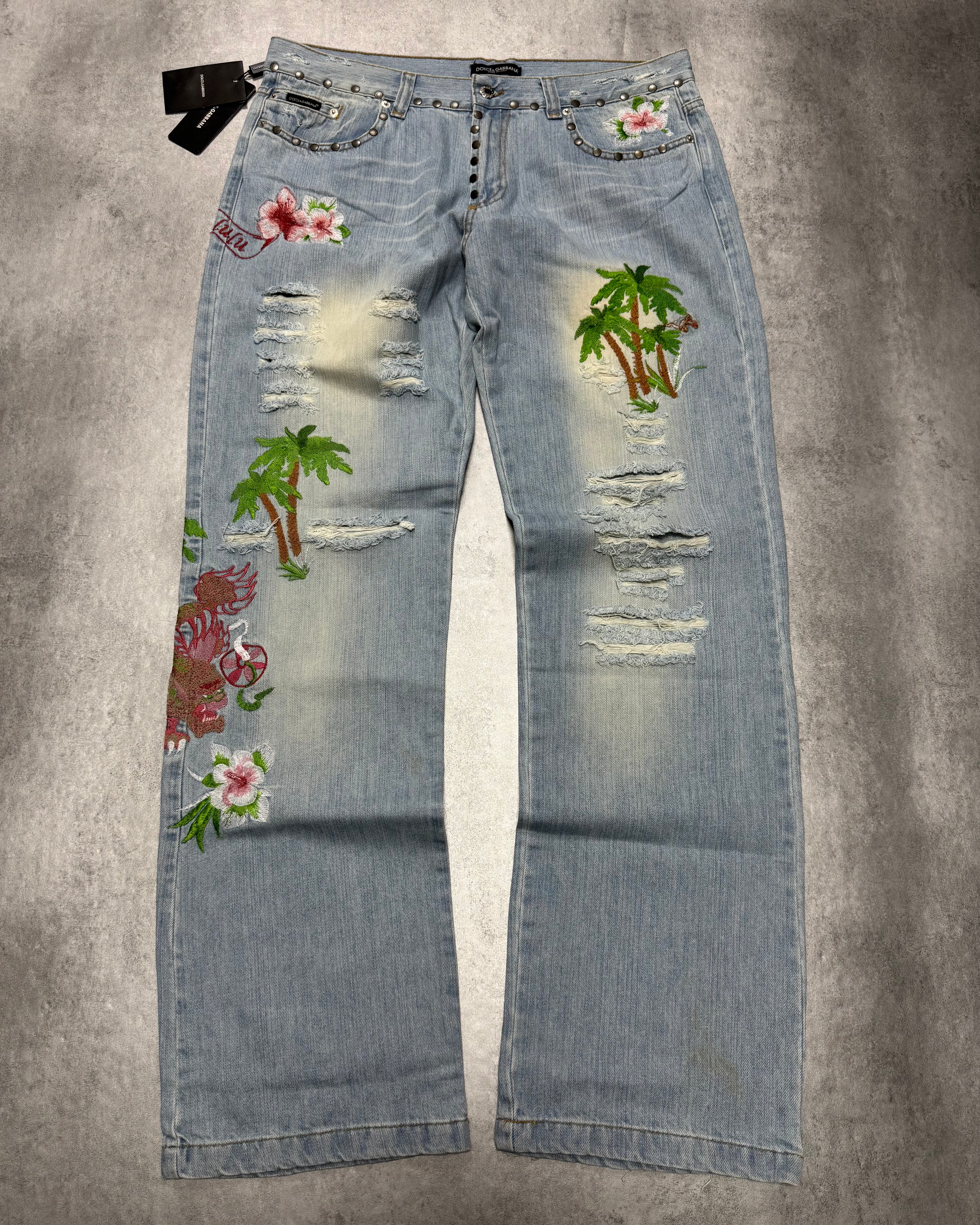 SS2006 Dolce & Gabbana Haiwai Honolulu Embroideries Distressed Denim Jeans