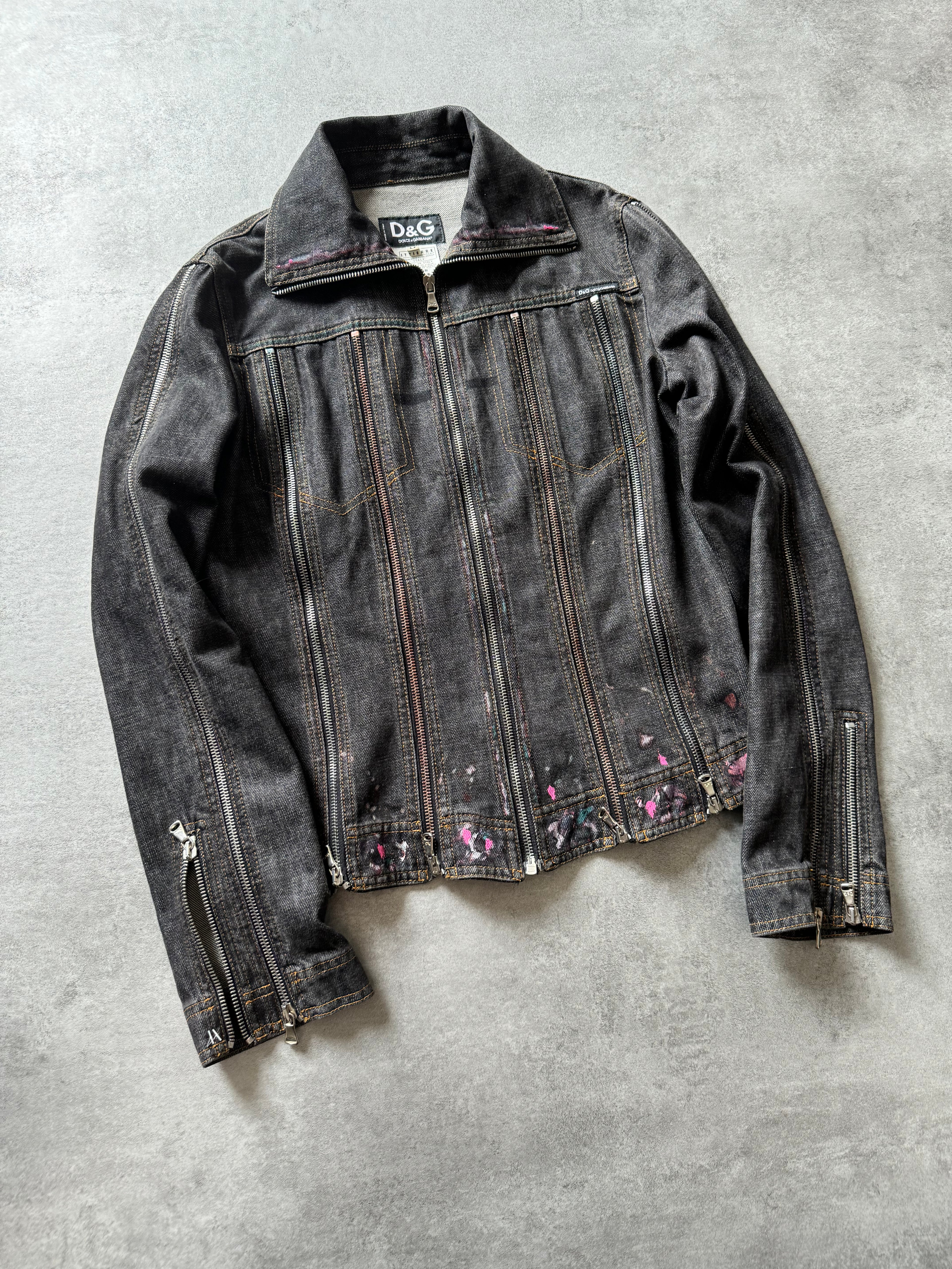 SS2003 Dolce & Gabbana Multi Zips Denim Hand Painted Jacket (XS)