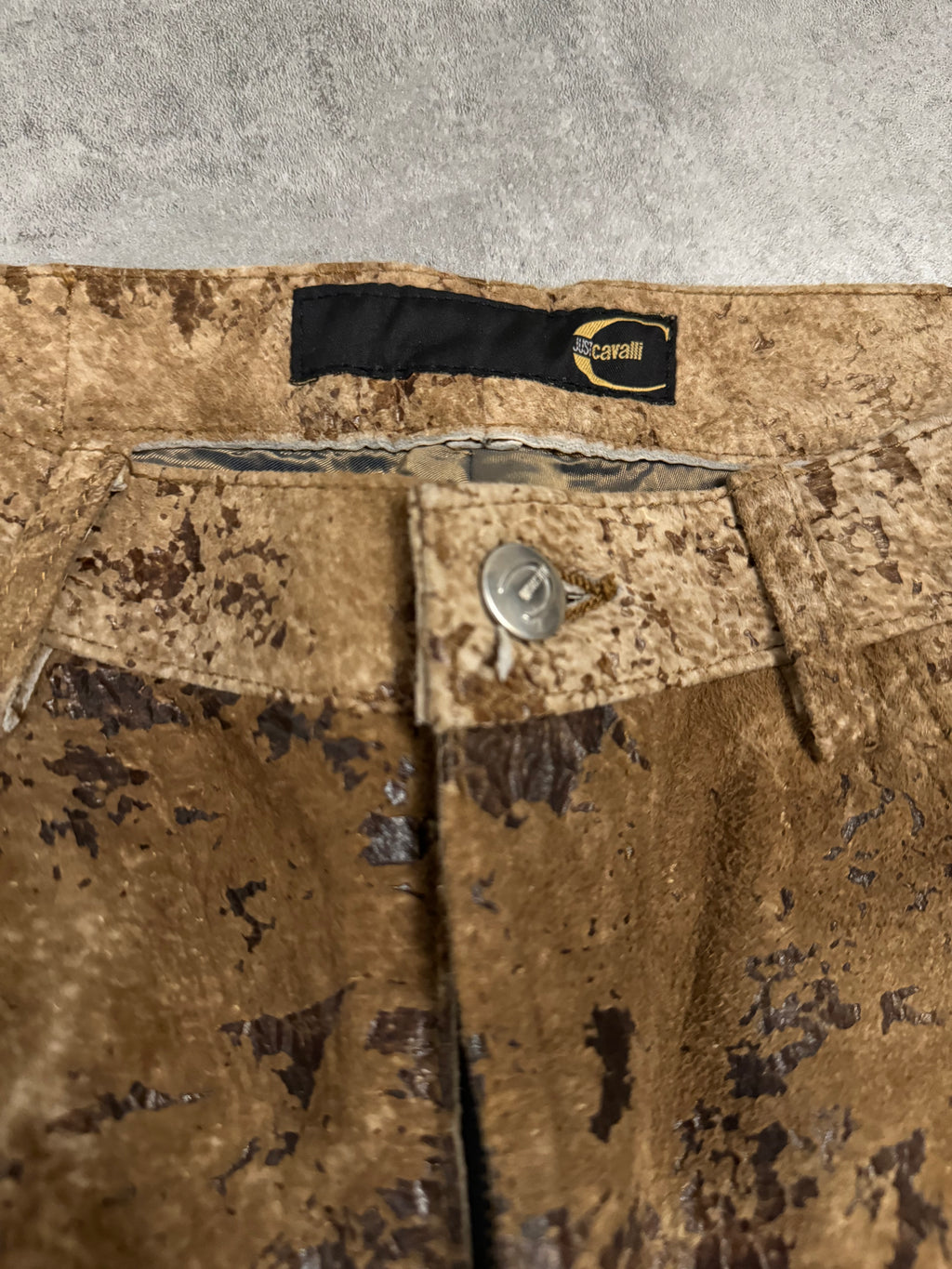 AW2004 Cavalli Textured Brown Eroded Camouflage Leather Pants (M) - 9