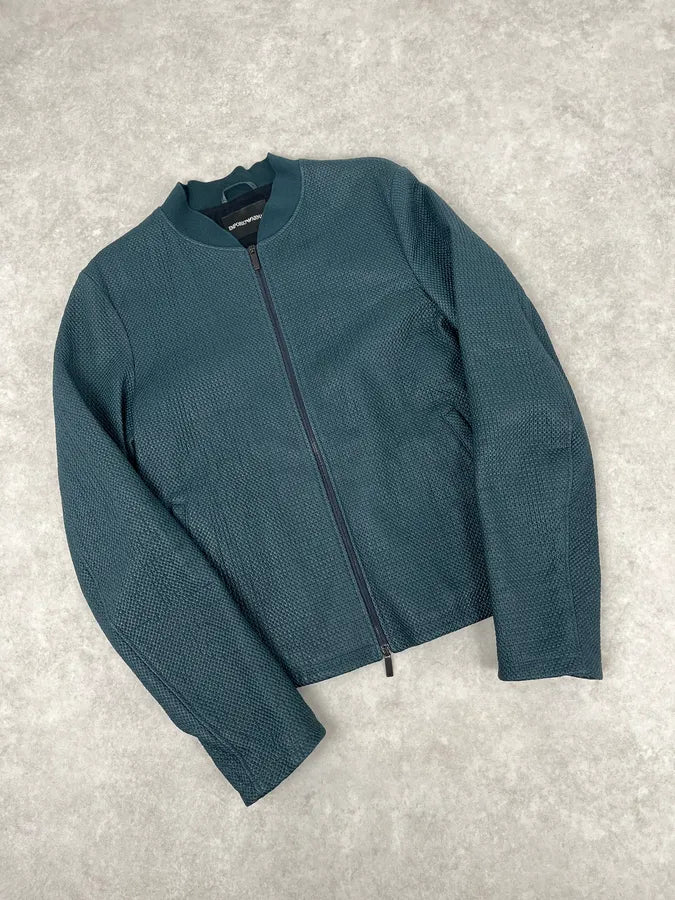 SS2015 Emporio Armani Green Waffled Leather Biker Jacket nGwqedb 4