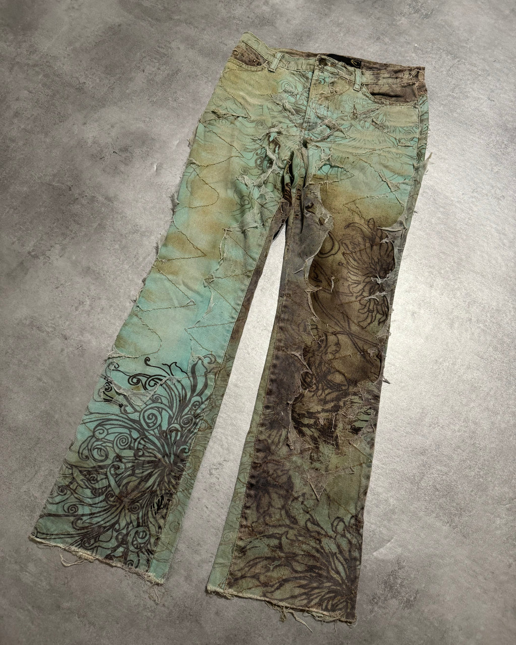 2000s Cavalli Destructured Artistic Floral Blue Pants (S) - 10