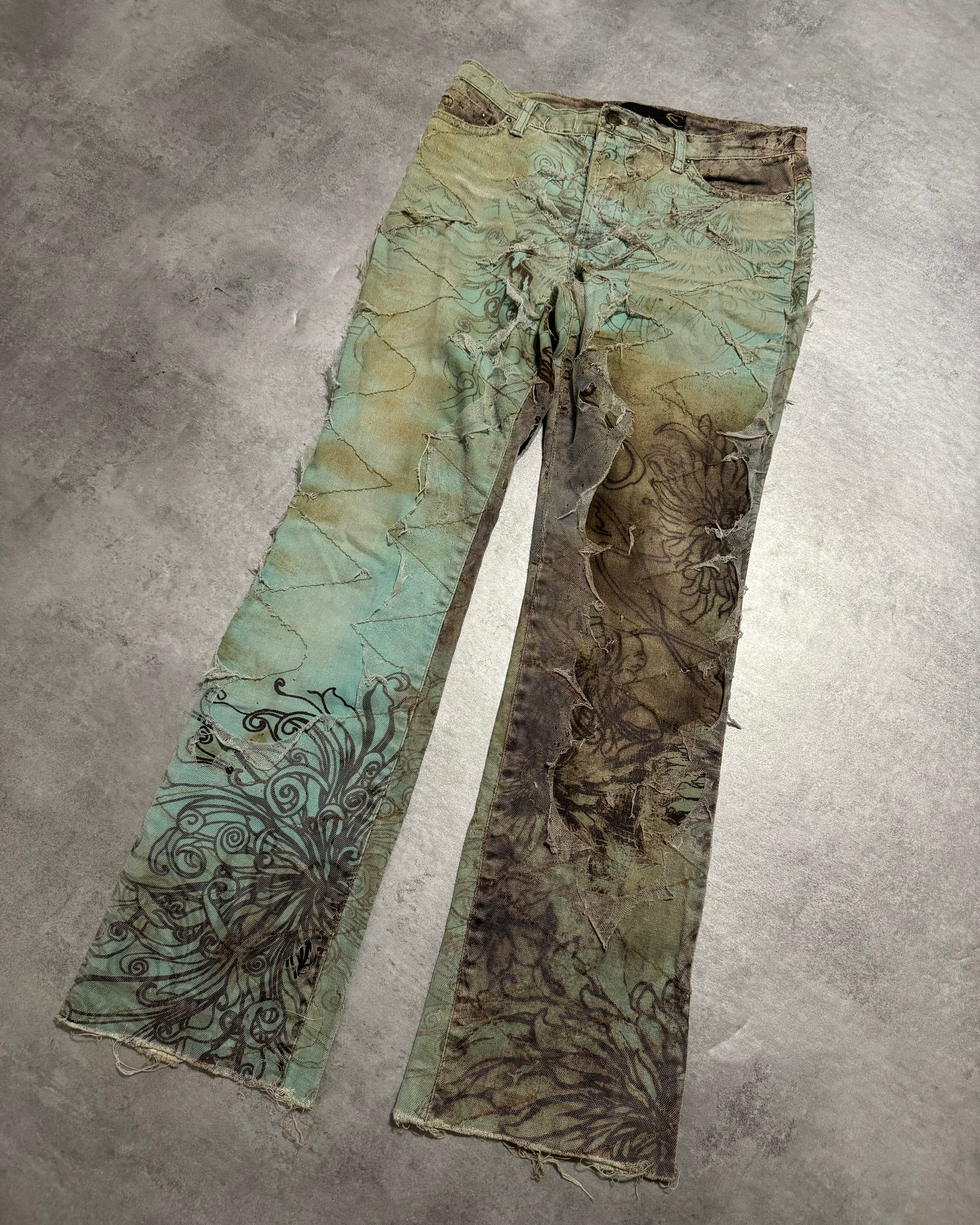 2000s Cavalli Destructured Artistic Floral Blue Pants (S) - 10