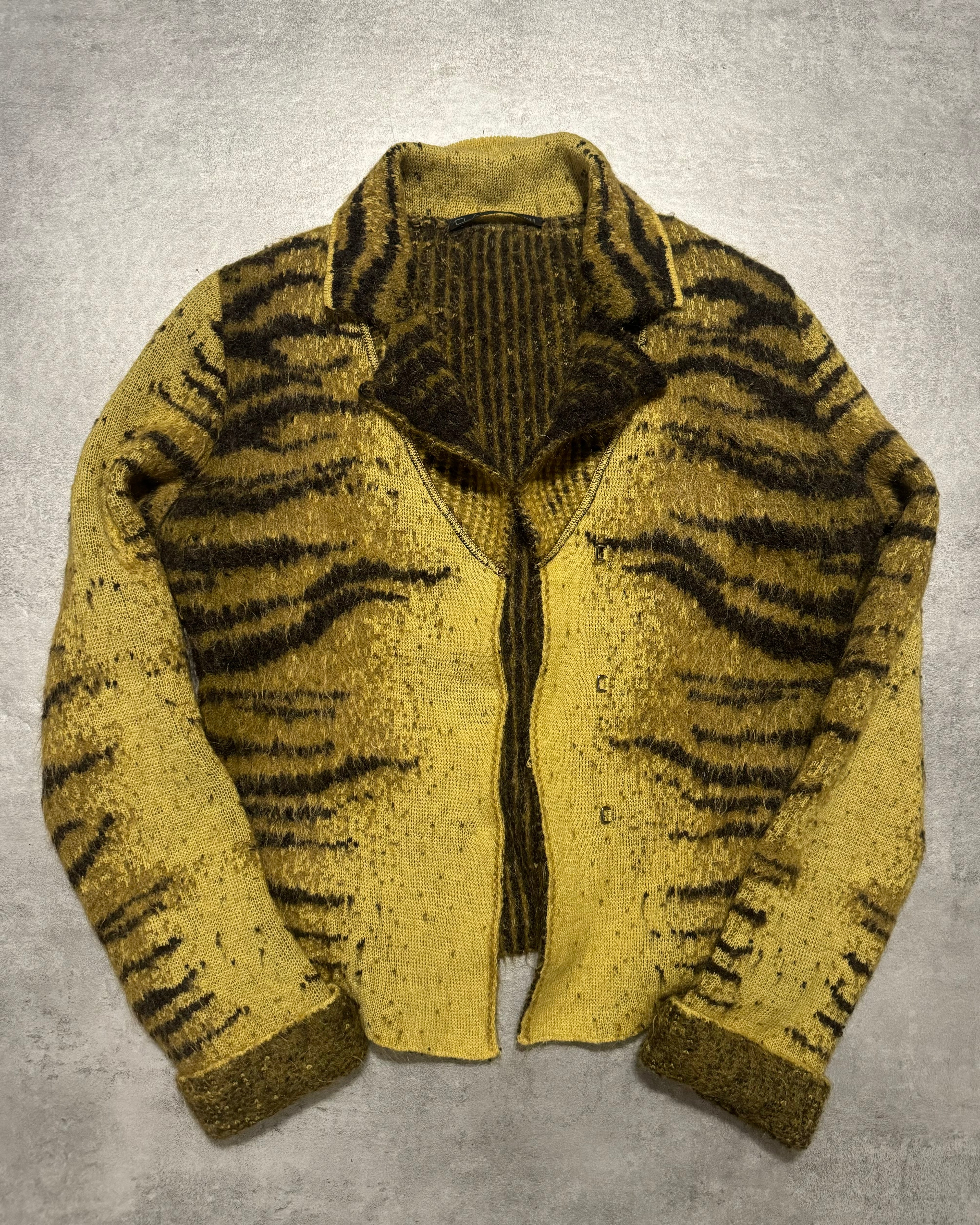 FW2002 Roberto Cavalli Tiger Zebra Yellow Faded Wool Cardigan (S/M) - 5