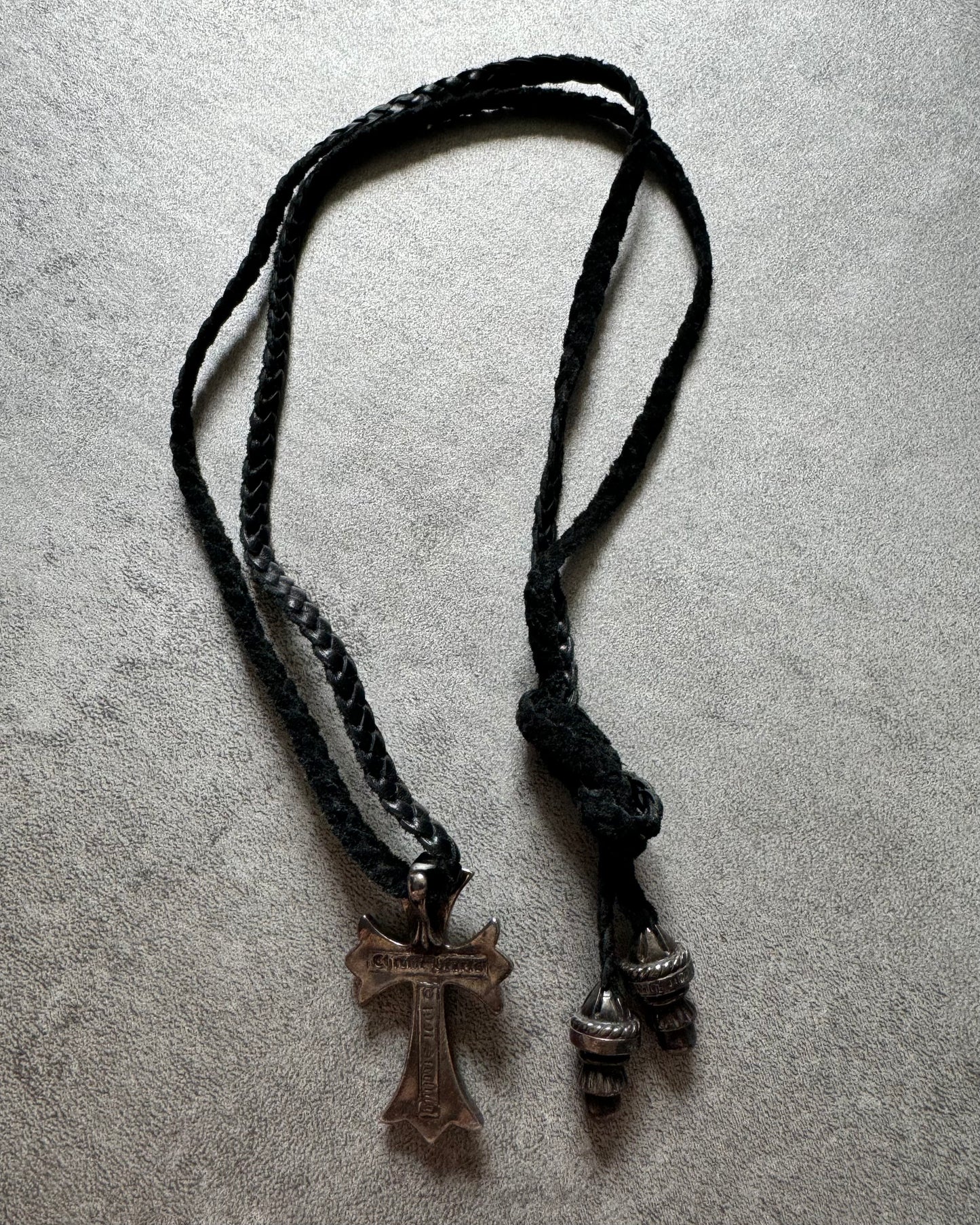 Chrome Hearts Biker Cross Silver Pendant + Leather Necklace (OS) - 3