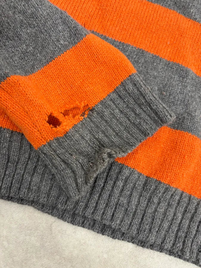 2000s Agnès b Orange &Grey Striped Distressed Wool Sweater JhOpAZQ 7