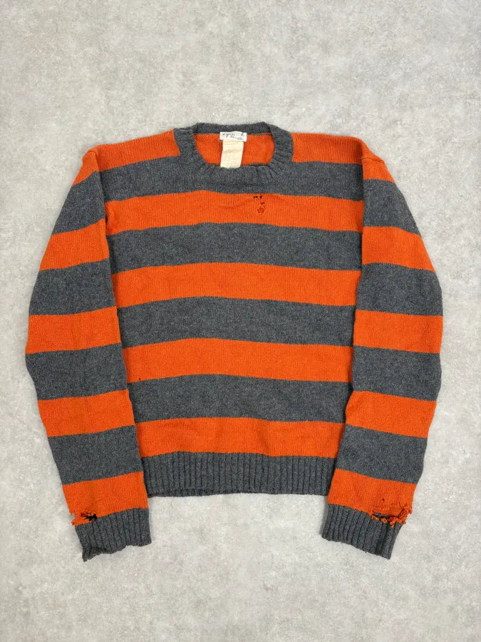 2000s Agnès b Orange &Grey Striped Distressed Wool Sweater JhOpAZQ 0