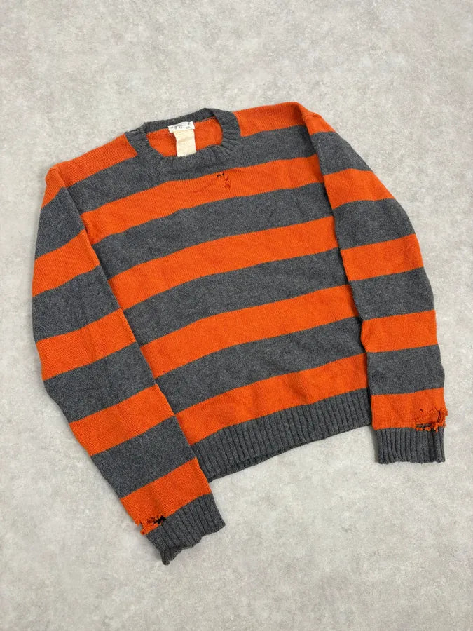 2000s Agnès b Orange &Grey Striped Distressed Wool Sweater JhOpAZQ 3