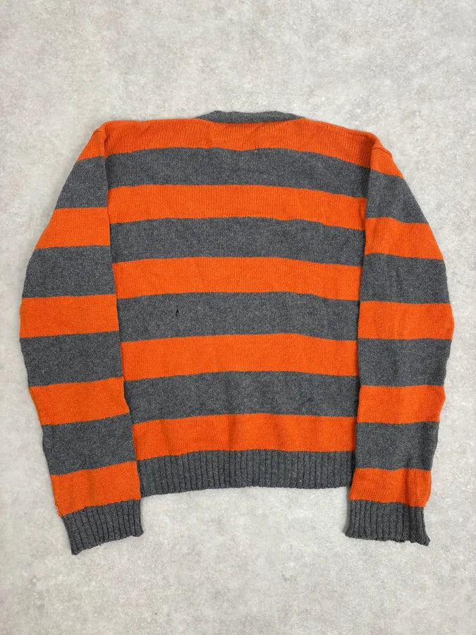 2000s Agnès b Orange &Grey Striped Distressed Wool Sweater JhOpAZQ 5
