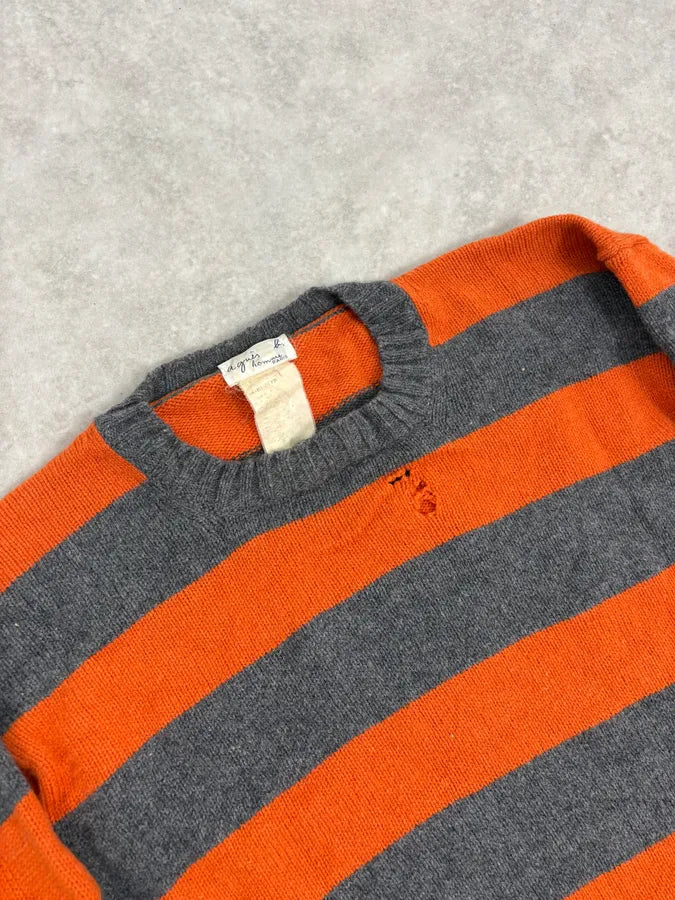 2000s Agnès b Orange &Grey Striped Distressed Wool Sweater JhOpAZQ 4