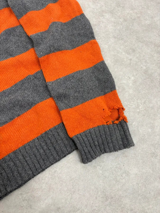2000s Agnès b Orange &Grey Striped Distressed Wool Sweater JhOpAZQ 6