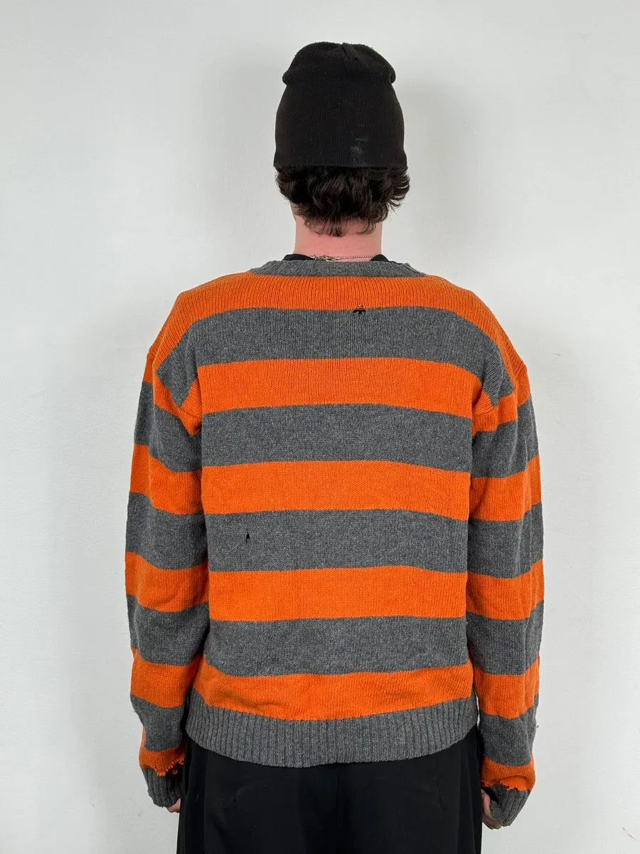 2000s Agnès b Orange &Grey Striped Distressed Wool Sweater JhOpAZQ 2
