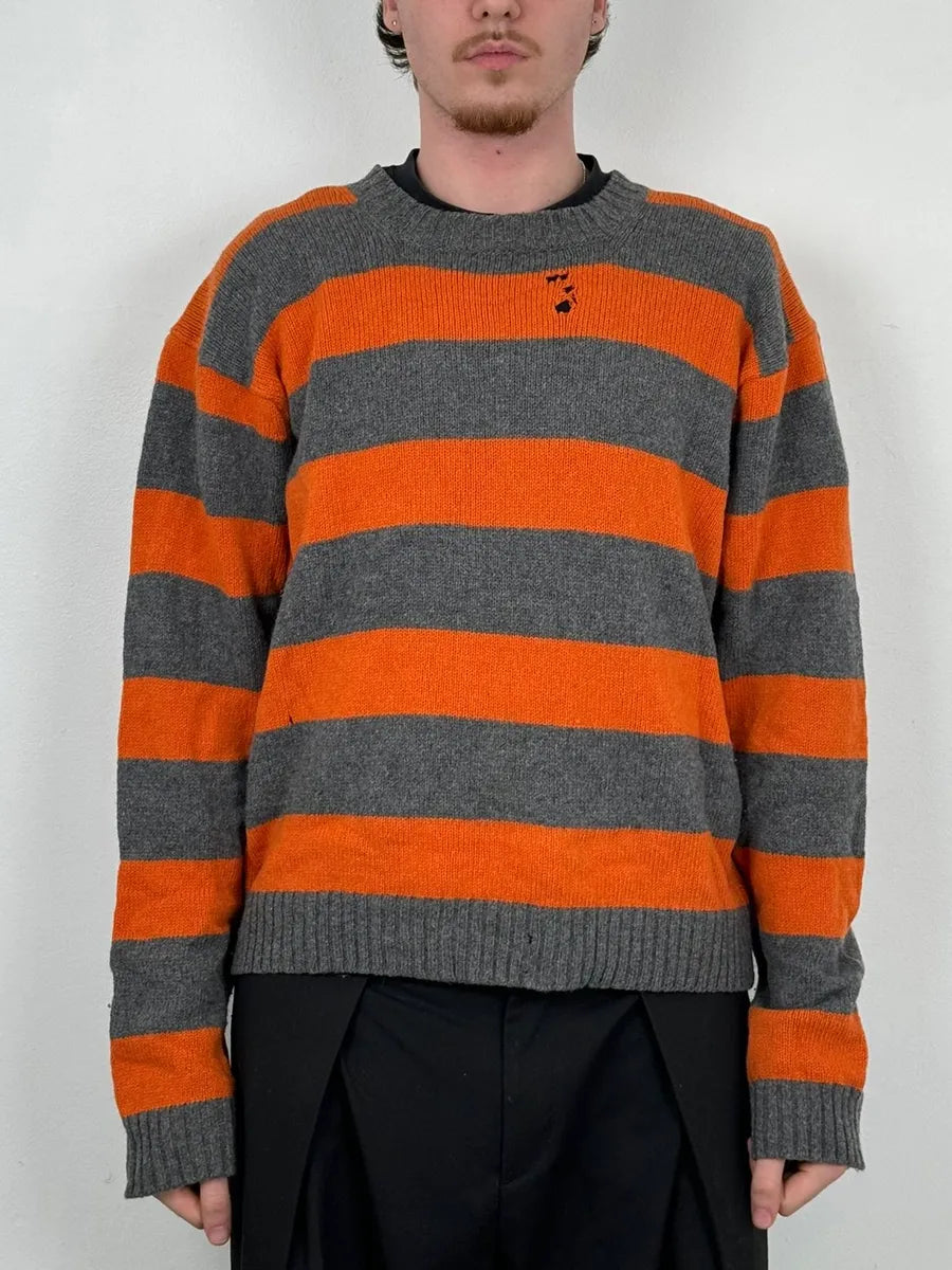 2000s Agnès b Orange &Grey Striped Distressed Wool Sweater JhOpAZQ 1