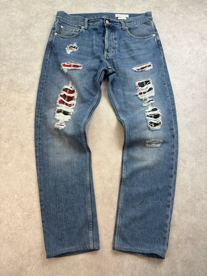 2010s Alexander McQueen Blue Denim Distressed Jeans euNaRyA 0