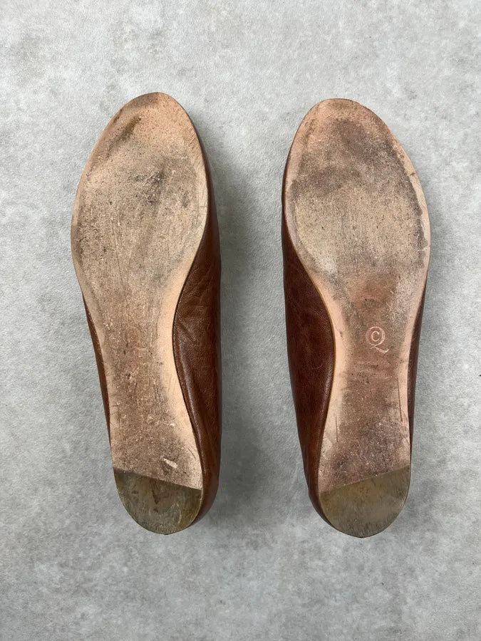 2000s Alexander McQueen Brown Leather Pinstripe Flowers Ballet Flats znJVkAH 7