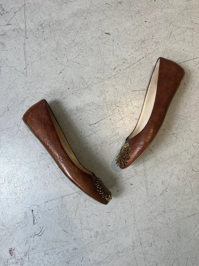 2000s Alexander McQueen Brown Leather Pinstripe Flowers Ballet Flats znJVkAH 3