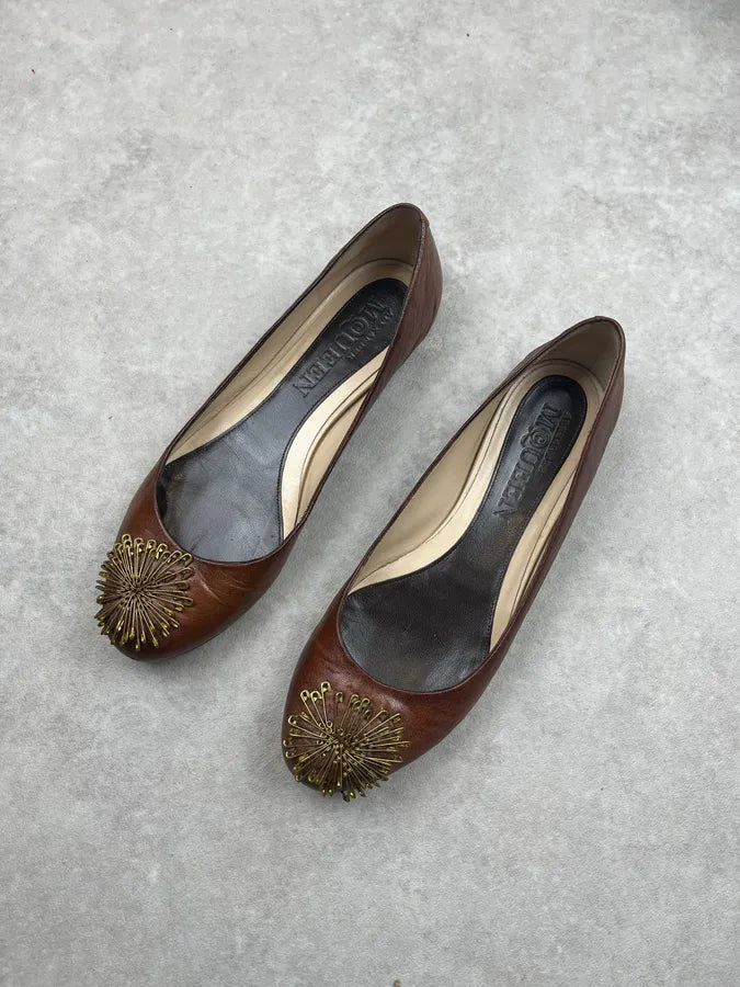 2000s Alexander McQueen Brown Leather Pinstripe Flowers Ballet Flats znJVkAH 2