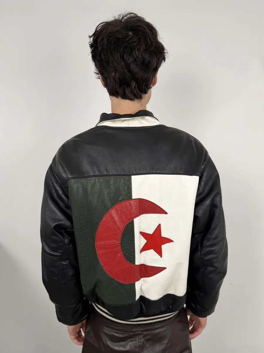 2000s Algeria Traditional Black Leather Bomber Jacket YuGKCbx 0