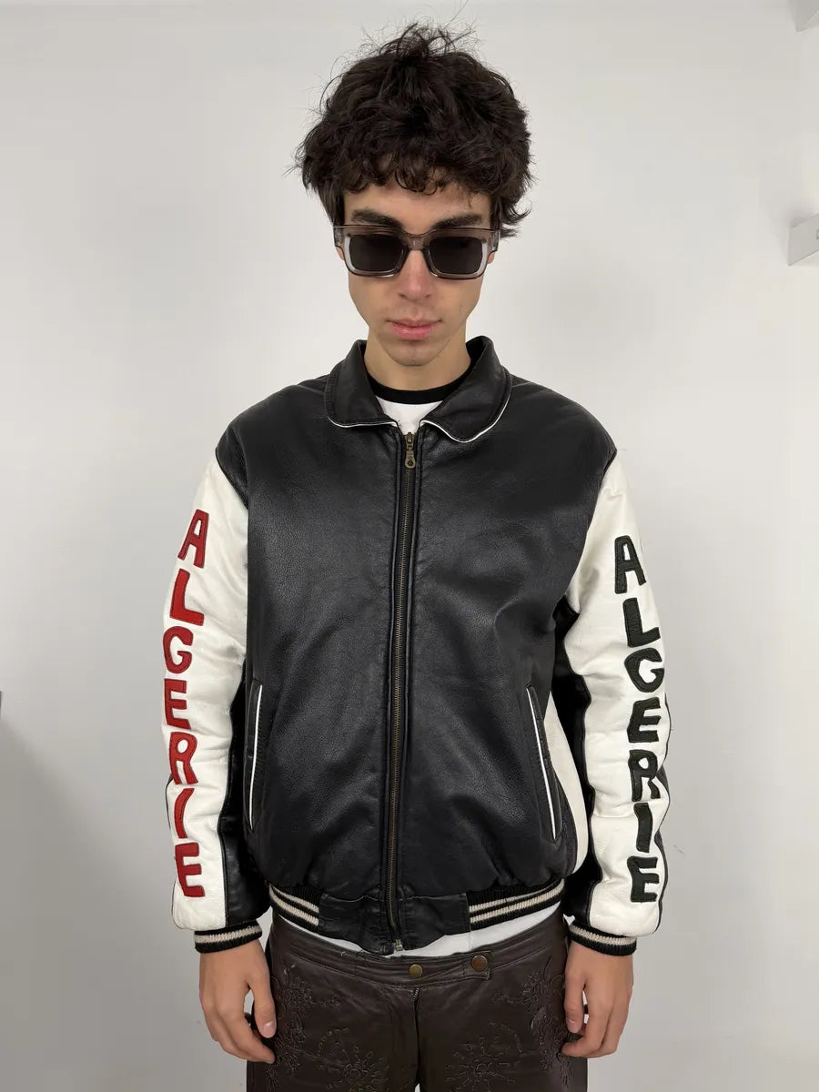 2000s Algeria Traditional Black Leather Bomber Jacket YuGKCbx 2