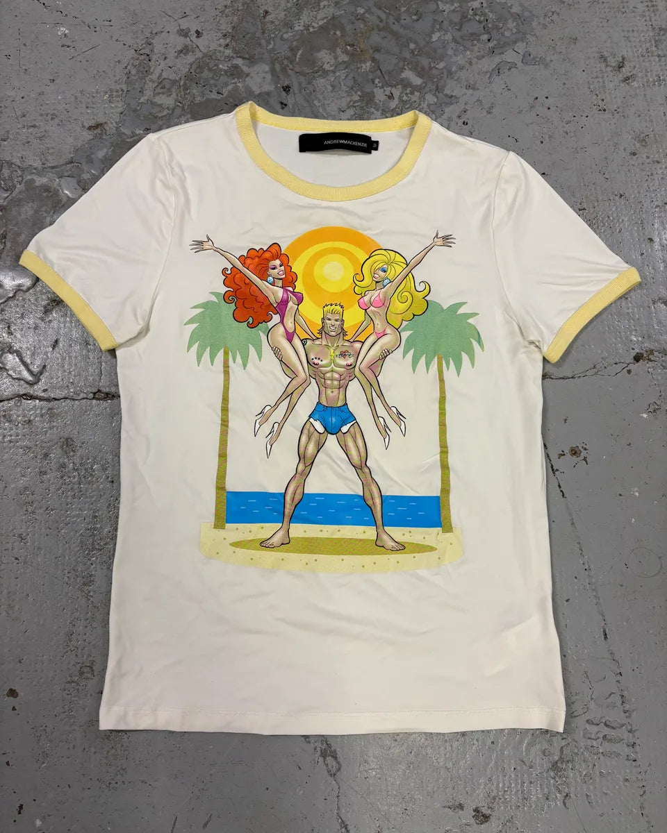 2000s Andrew Mackenzie Sexy Bodybuilder Propaganda White & Yellow T-Shirt JdUpiwZ 0