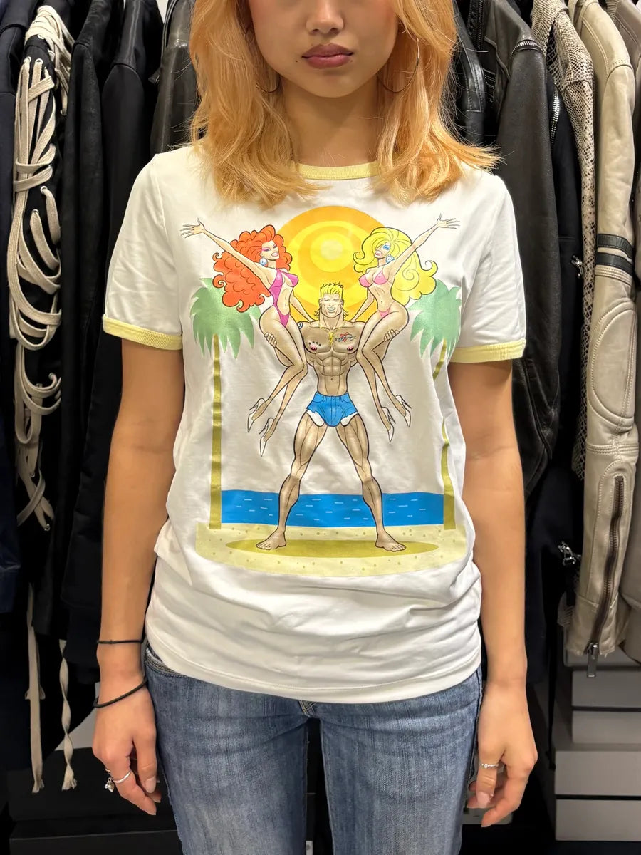 2000s Andrew Mackenzie Sexy Bodybuilder Propaganda White & Yellow T-Shirt JdUpiwZ 1