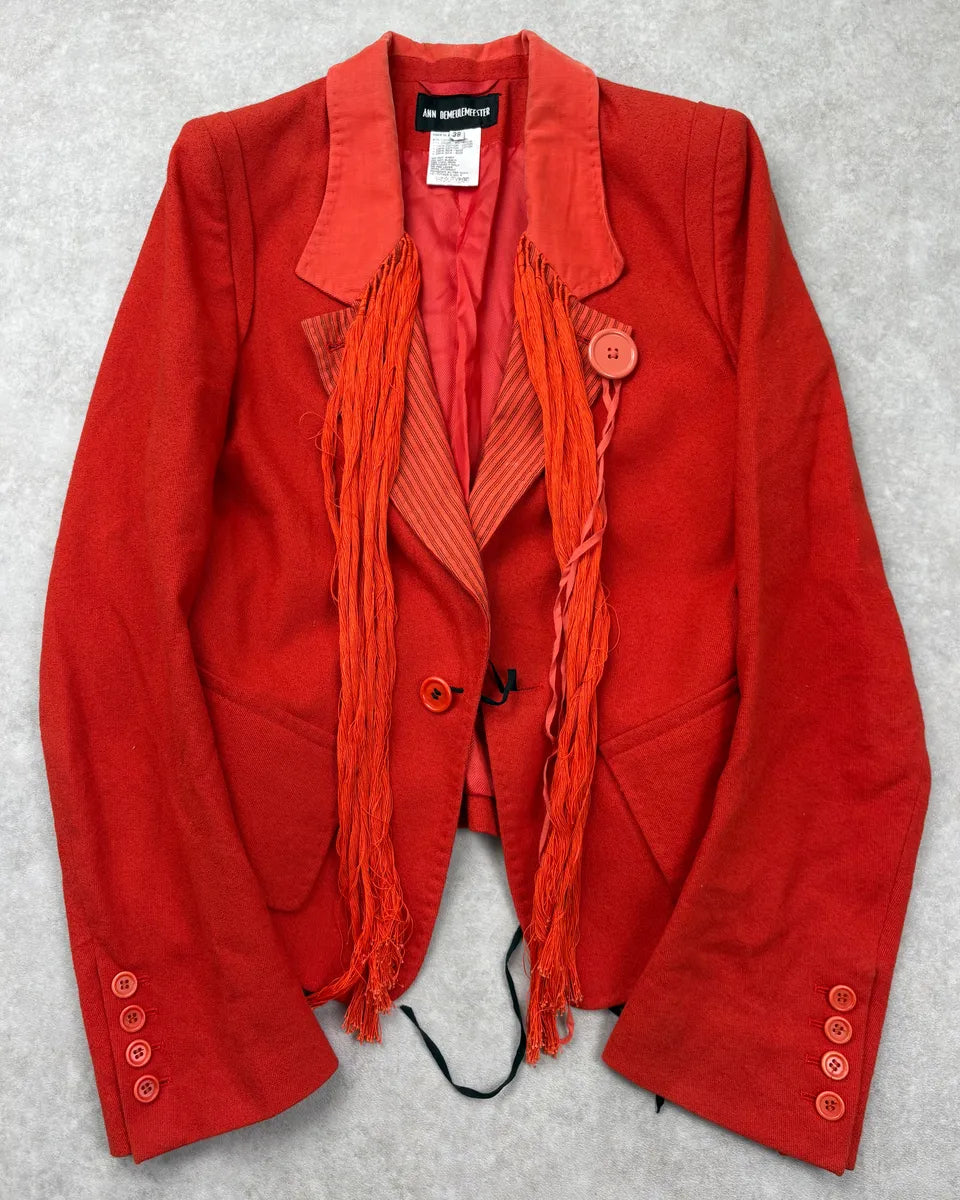 SS2005 Ann Demeulemeester Red Wool Fringe Buttons Blazer WkUZKcJ 0