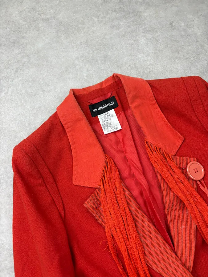 SS2005 Ann Demeulemeester Red Wool Fringe Buttons Blazer WkUZKcJ 4