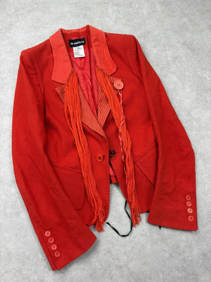 SS2005 Ann Demeulemeester Red Wool Fringe Buttons Blazer WkUZKcJ 3