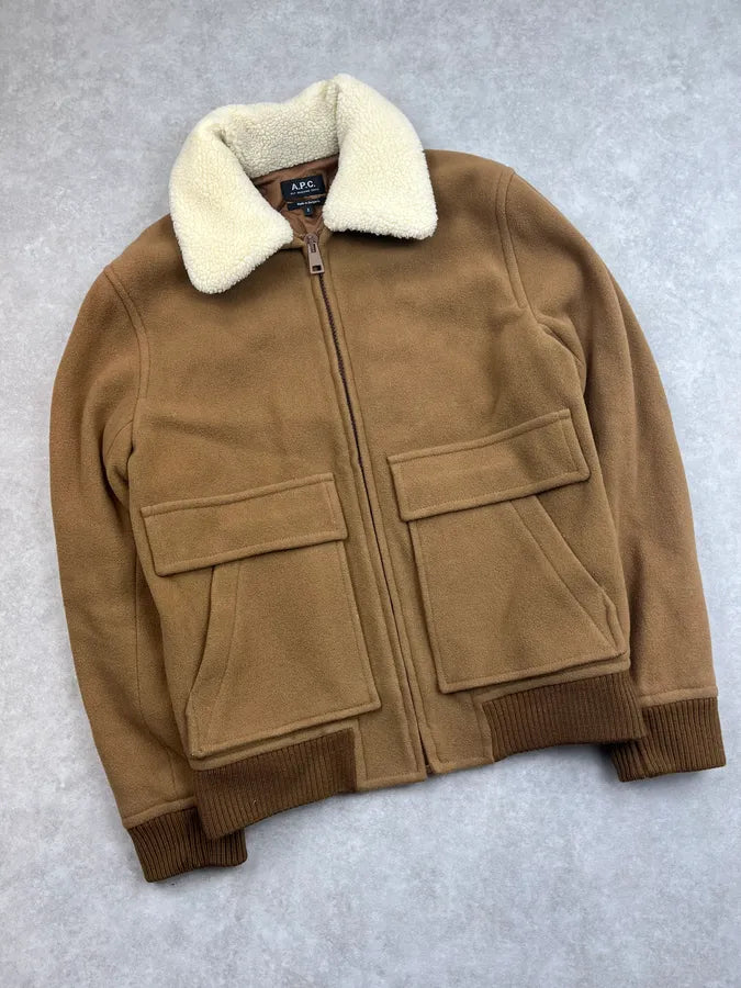 2010s A.P.C. Camel Wool Aviator Shearling Jacket dgiNPXn 3
