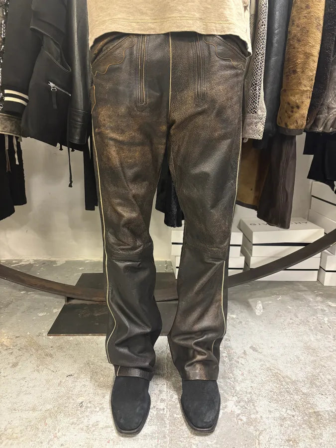 2000s Archive 2 Zip Biker Eroded Brown Leather Belted Pants (L) RIqAPAs 0