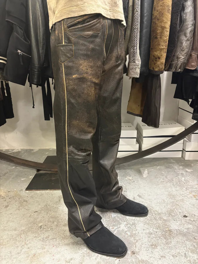 2000s Archive 2 Zip Biker Eroded Brown Leather Belted Pants (L) RIqAPAs 1
