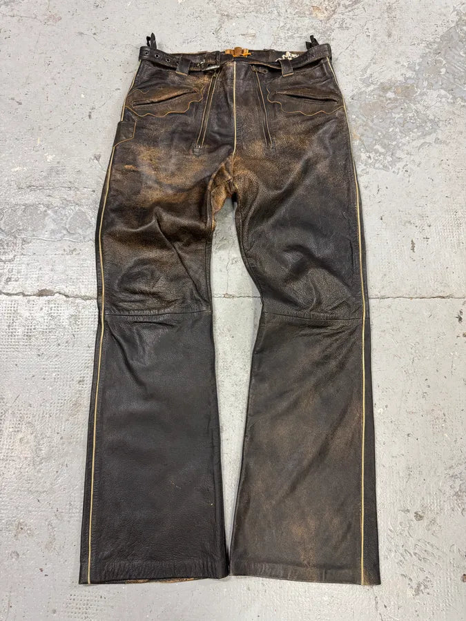 2000s Archive 2 Zip Biker Eroded Brown Leather Belted Pants (L) RIqAPAs 2