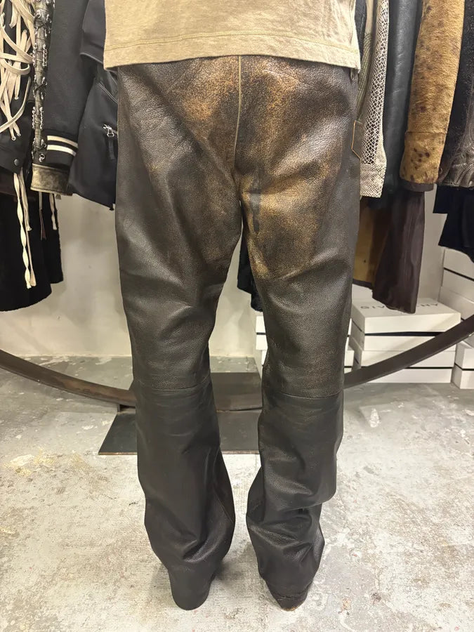 2000s Archive 2 Zip Biker Eroded Brown Leather Belted Pants (L) RIqAPAs 3