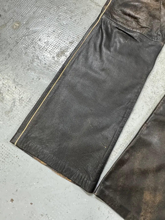 2000s Archive 2 Zip Biker Eroded Brown Leather Belted Pants (L) RIqAPAs 4