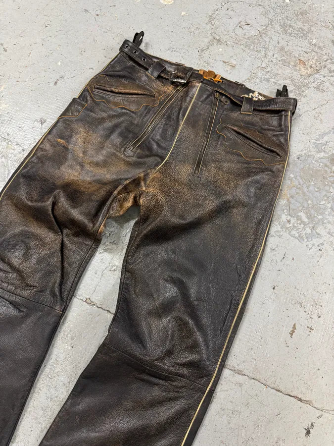 2000s Archive 2 Zip Biker Eroded Brown Leather Belted Pants (L) RIqAPAs 5