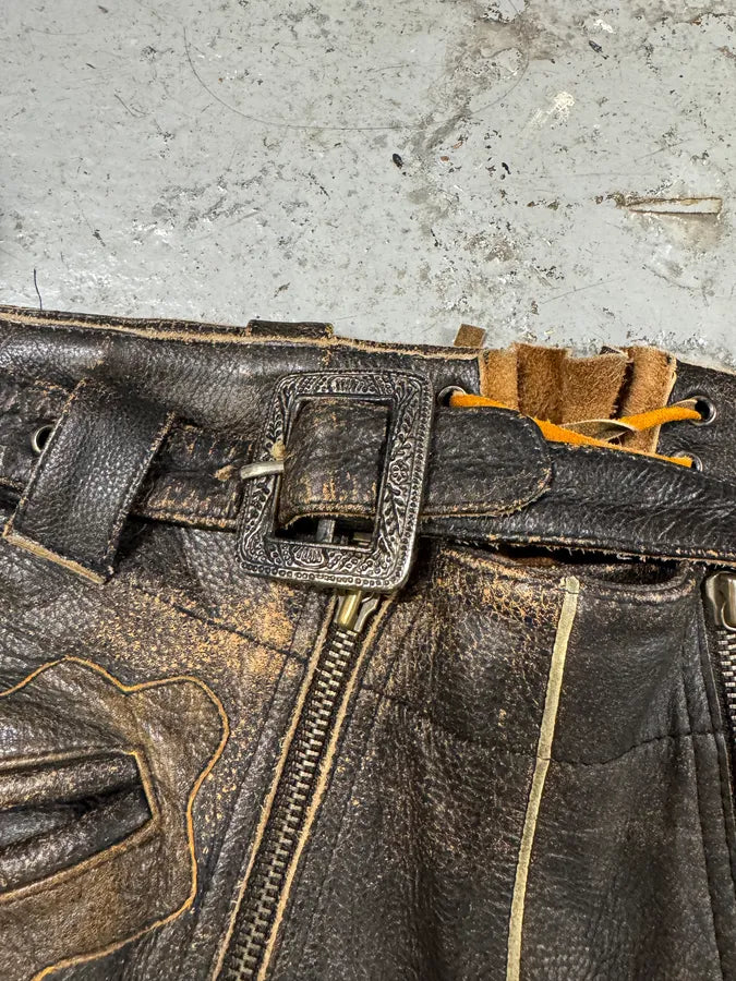 2000s Archive 2 Zip Biker Eroded Brown Leather Belted Pants (L) RIqAPAs 6