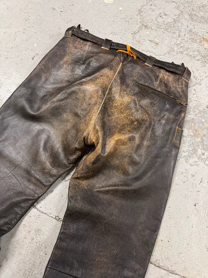 2000s Archive 2 Zip Biker Eroded Brown Leather Belted Pants (L) RIqAPAs 7
