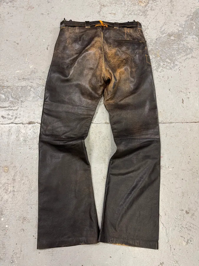 2000s Archive 2 Zip Biker Eroded Brown Leather Belted Pants (L) RIqAPAs 8