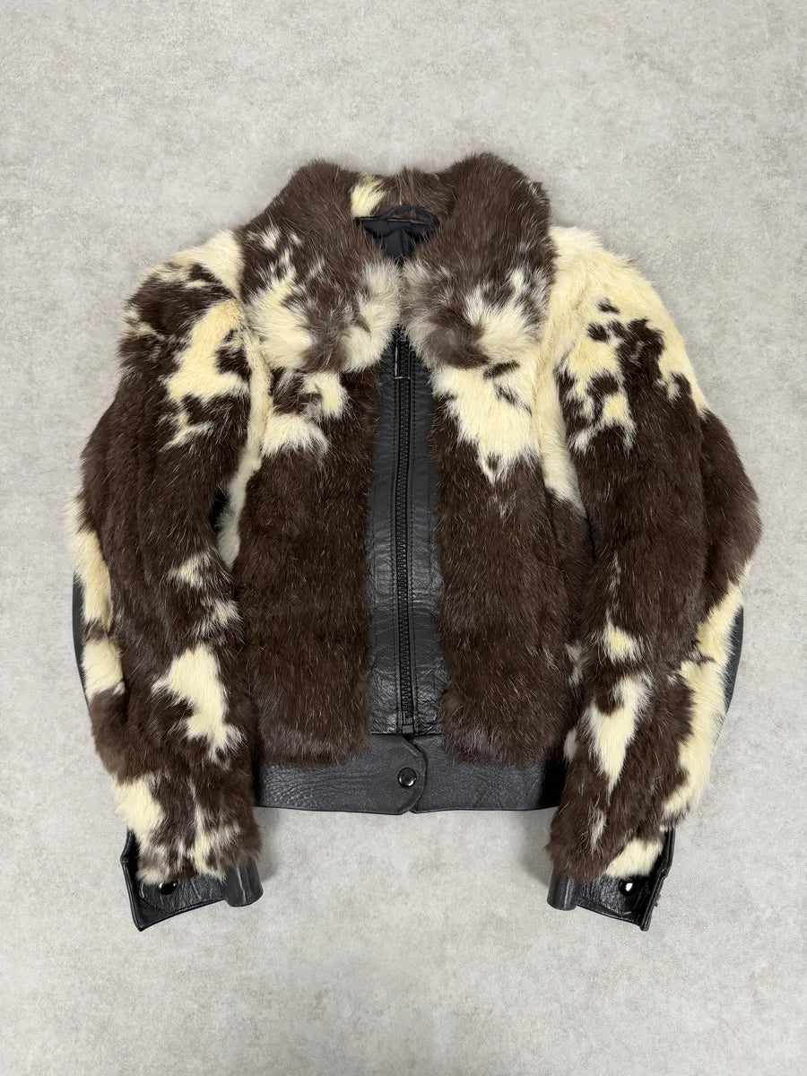 2000s Archive Black Leather Brown Faux Fur Jacket SOuSZkn 0