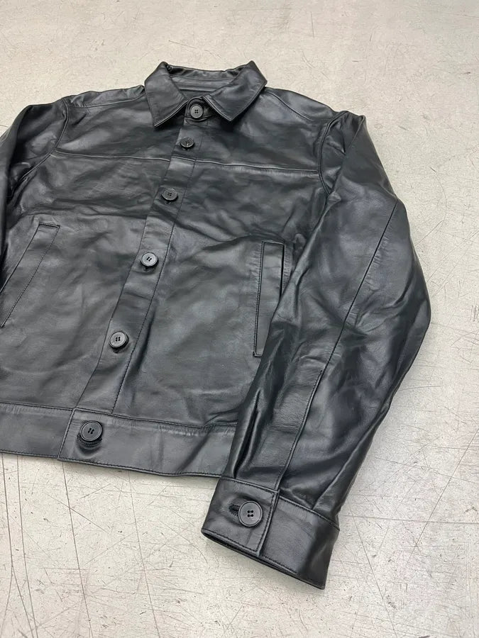 2016 Independant Black Leather Buttoned Trucker Jacket oFobZsZ 3